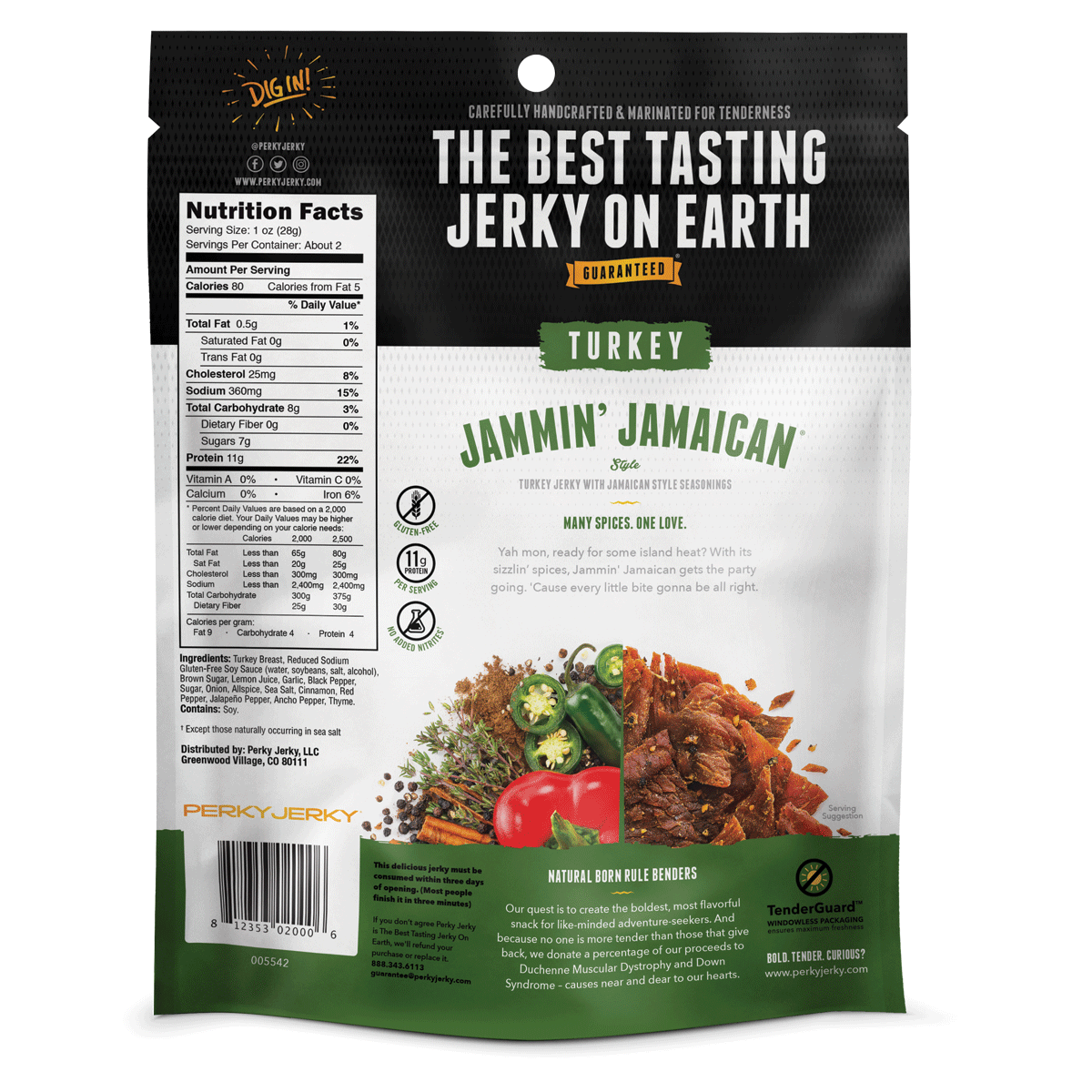 2.2oz Jammin' Jamaican Turkey Jerky Back of Bag With Nutrition and Ingredients