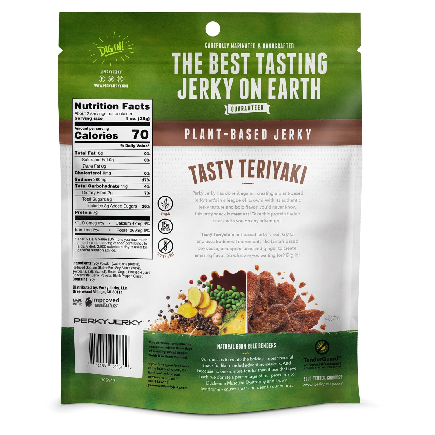 Perky Jerky Tasty Teriyaki Vegan Jerky 2.2 oz bag with nutritional facts