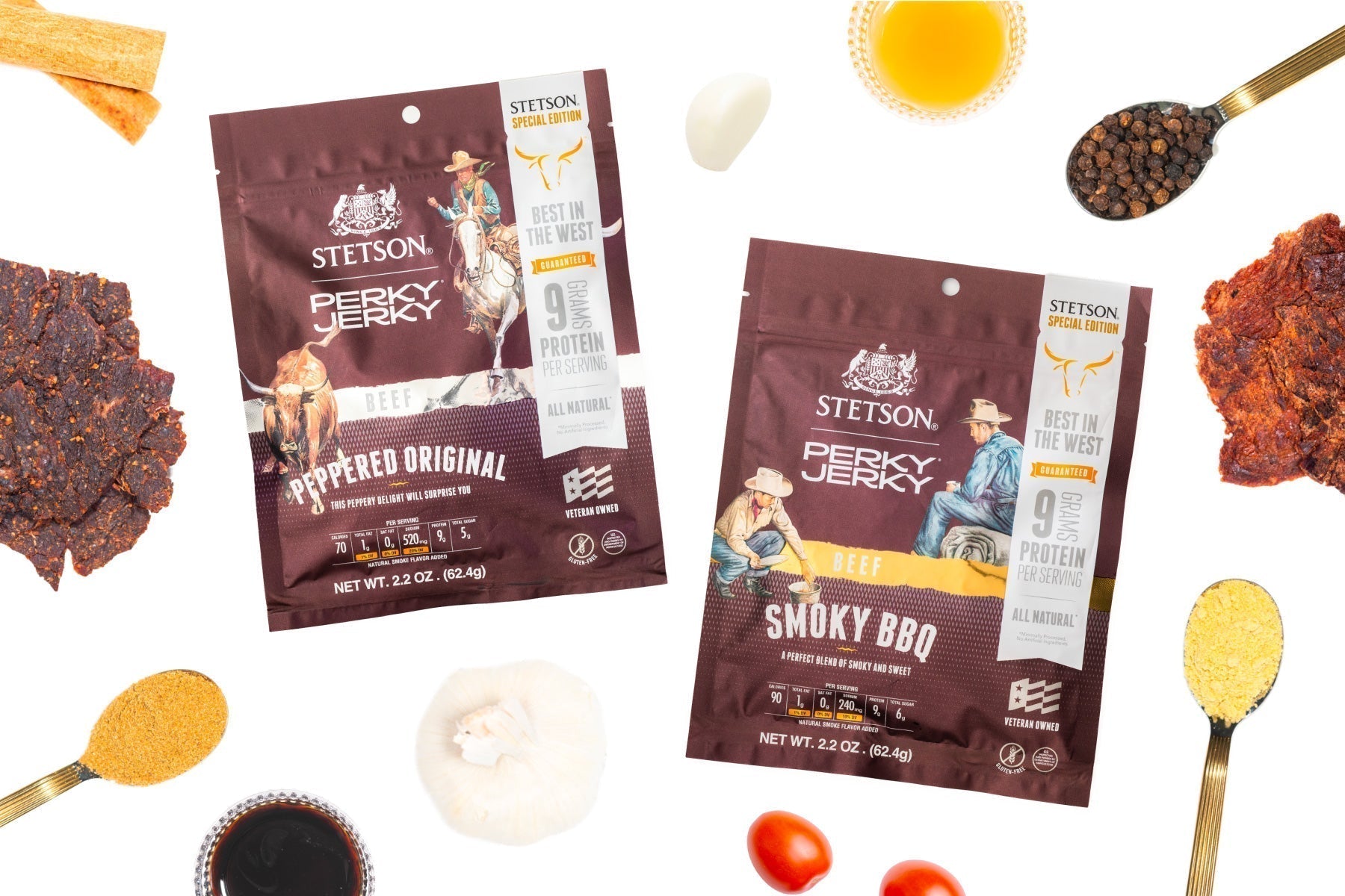 stetson perky jerky bags surrounded by jerky and ingredients
