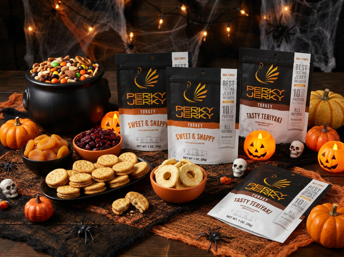 1oz perky jerky bags with dried fruit, peanut butter crackers, and trail mix with halloween decor.