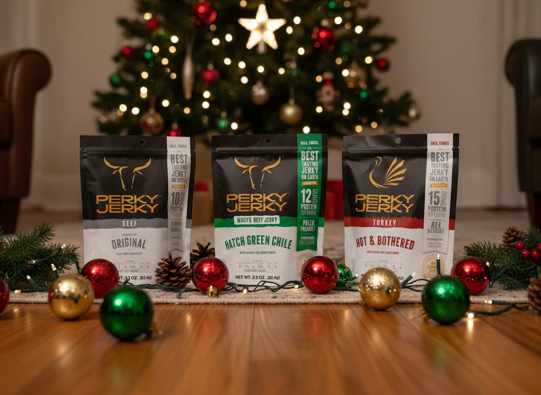 perky jerky bags surrounded by christmas tree ornaments and decorations with tree in background