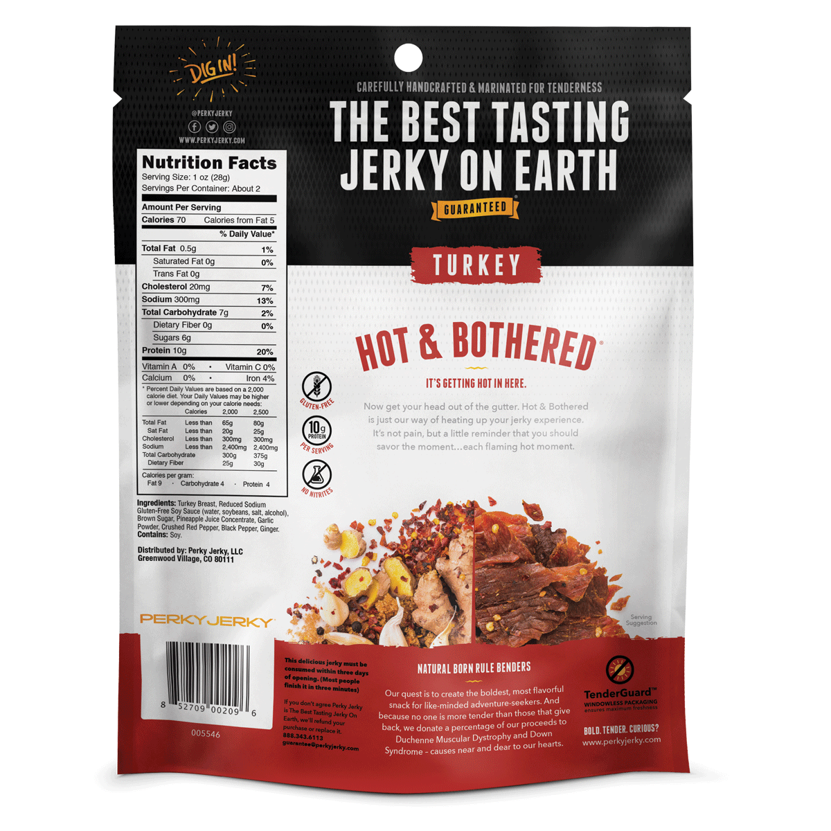 2.2oz Hot and Bothered Turkey Jerky Back of Bag With Nutrition and Ingredients